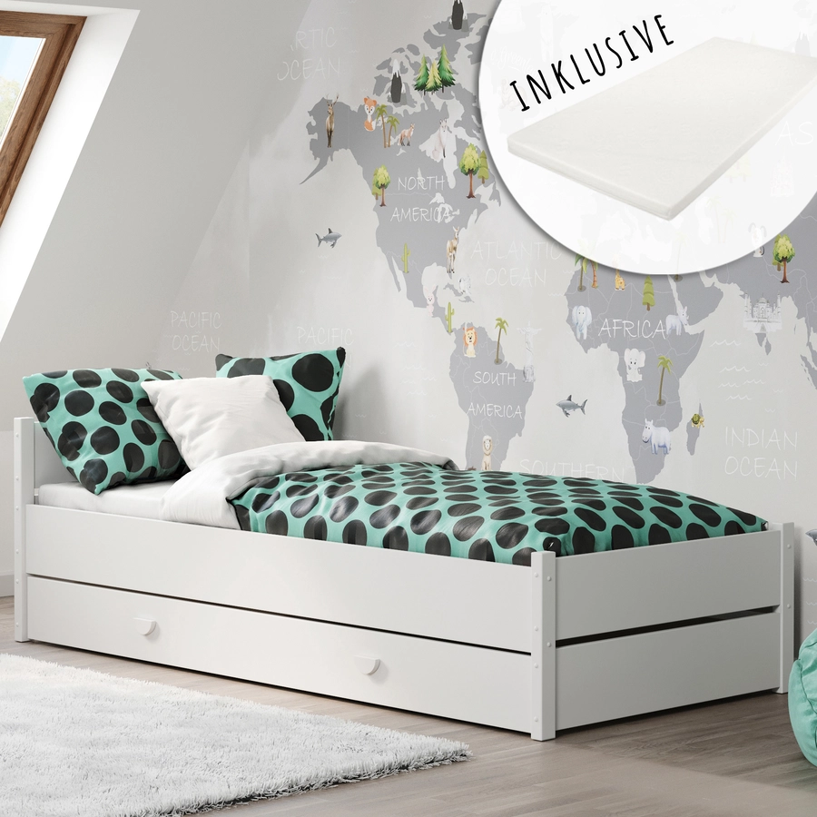 Kids Collective Kinderbett Jugendbett 90x200 mit Schublade & Lattenrost weiß mit Matratze