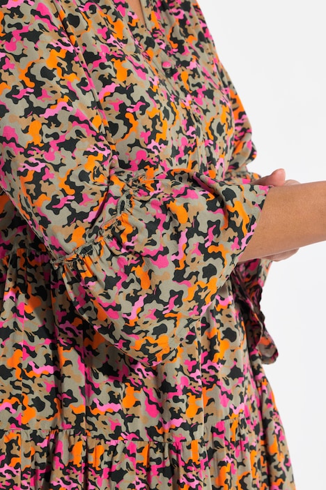 Tunikabluse, A-Linie, Camouflage-Print, Volants