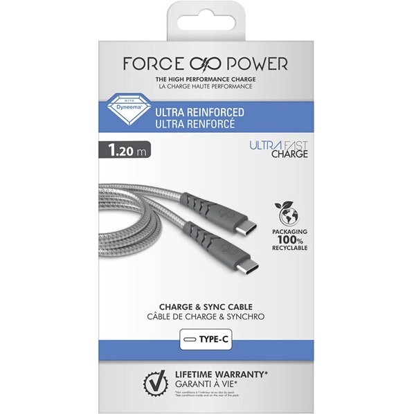 Câble téléphone portable Force Power Câble renforcé C/C 1.2m 3A Gris