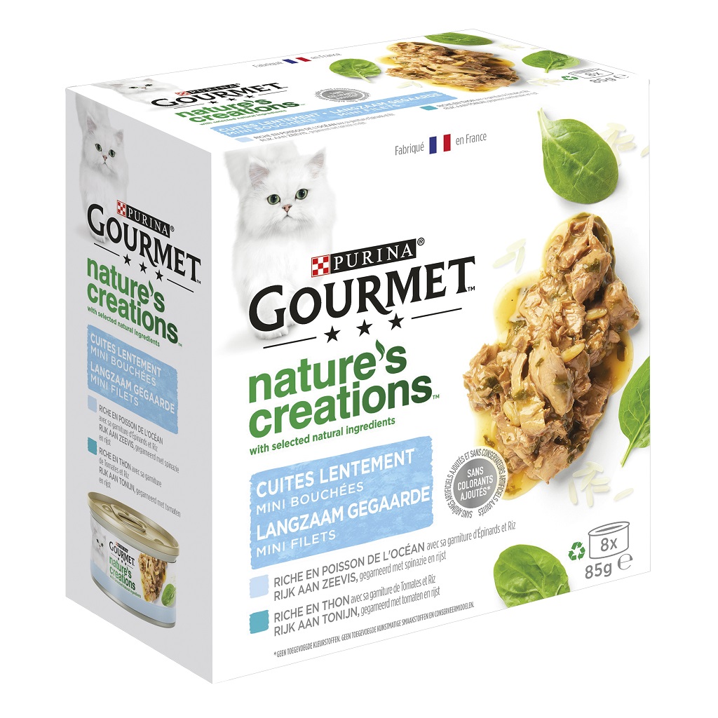 COMIDA HÚMIDA PARA GATO GOURMET NATURE'S CREATIONS PEIXE E ATUM 8X85G