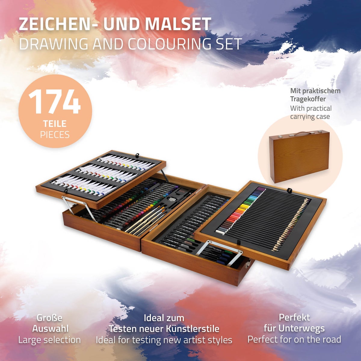 ECD Germany 174-delige schilderset met houten koffer, schilderkoffer voor kinderen en volwassenen, verfdoos, kunst- en tekenset met schildermaterialen, acrylverf, aquarelverf, olieverf, pastelverf, potloden, penselen en accessoires