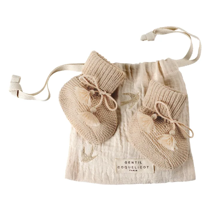 Gentil Coquelicot Chaussons en tricot et pochon brodé | Beige