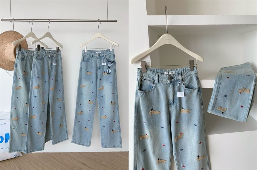 Dute - High Rise Dog geborduurde gewassen wijde jeans