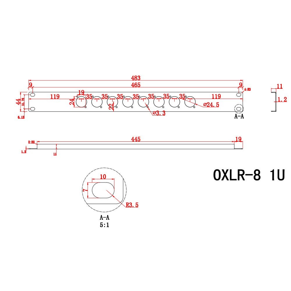 Prodjuser 1U XLR-8 metalen chassis paneel voor 8 XLR