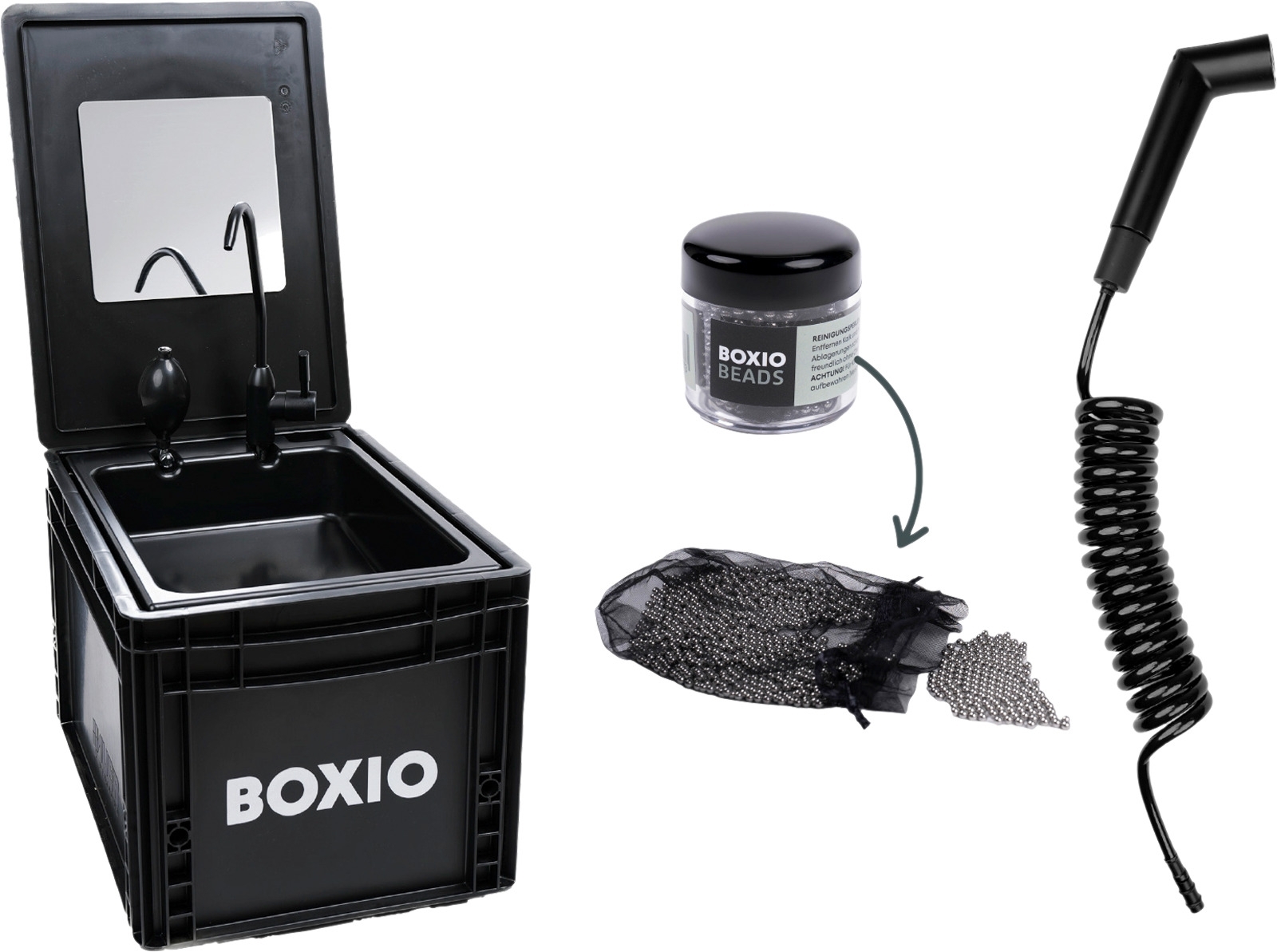 Boxio Wash Plus Mobiles Waschbecken Starter Set bestehend aus Boxio Wash / Shower / Beads / Mirror
