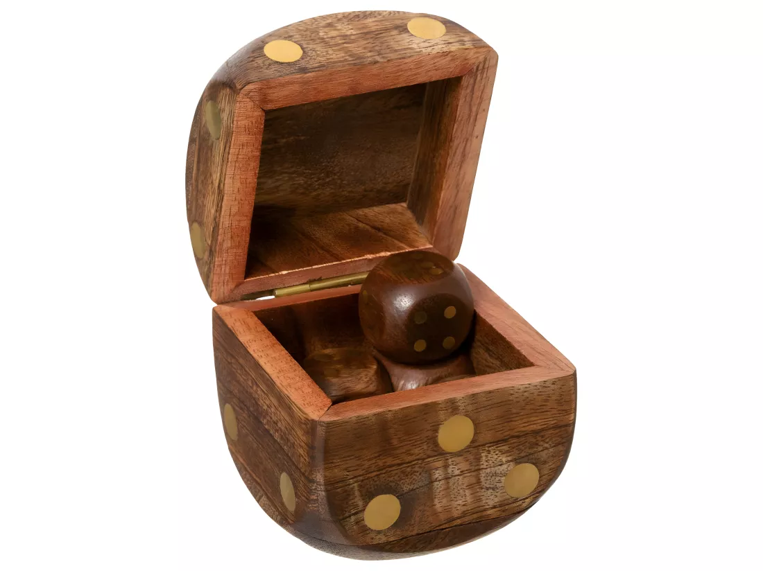 Objet déco Jeu de 5 Dés dans une Boite en forme de Dé en Bois de Manguier et Laiton