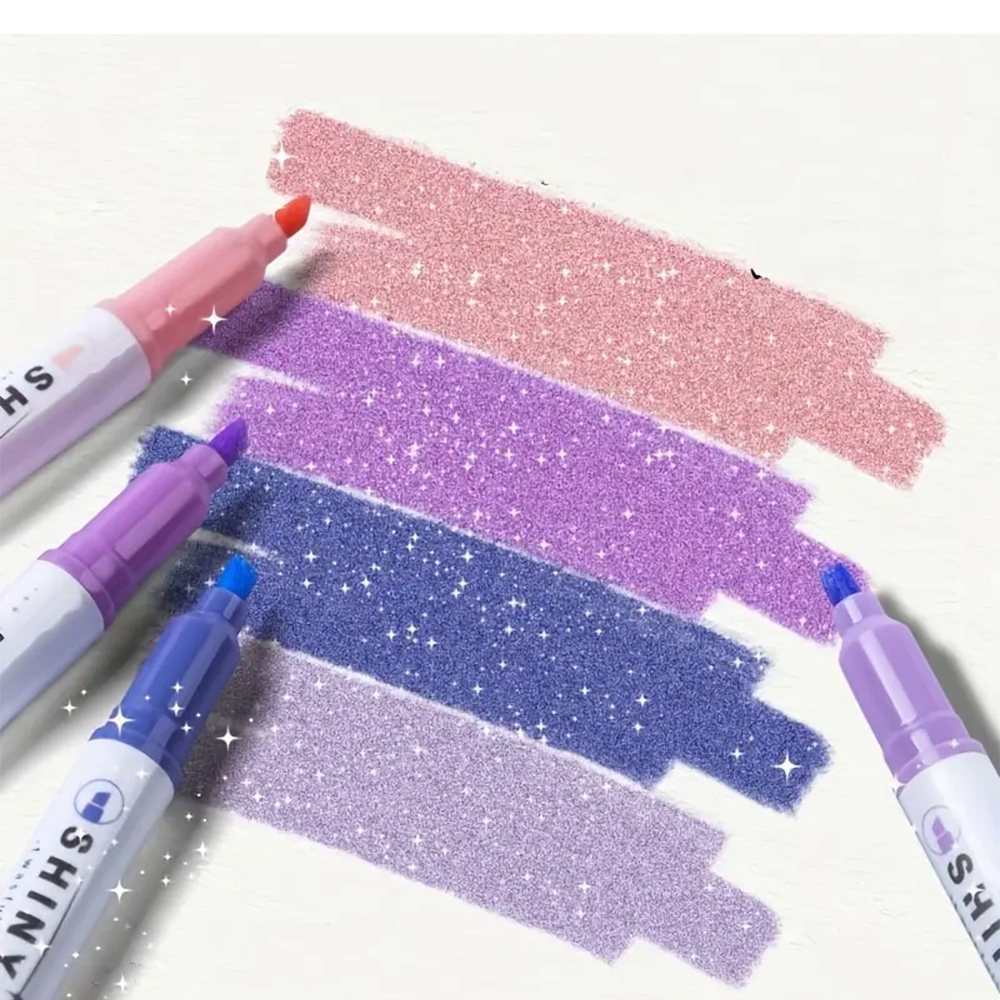 (4er Set) 4mm Glitzer Leuchtstift Highlighter Text Marker Filzstift mit Keilspitze - Rosa / Lila / Blau