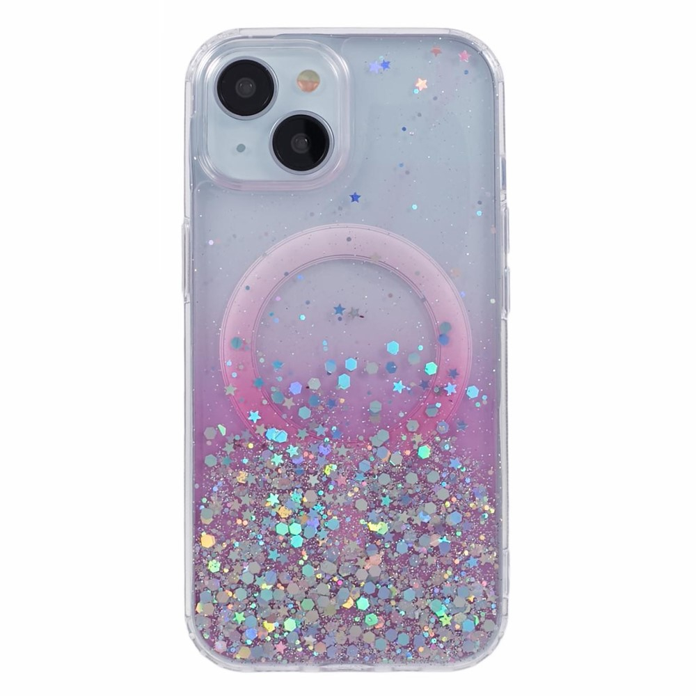 iPhone 15 MagSafe Hülle mit Acryl Rückseite und Farbverlauf im Glitzer Design - Rosa
