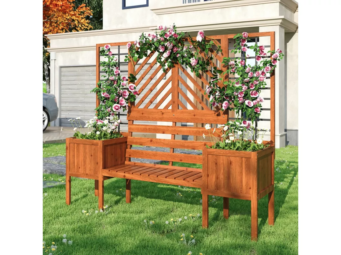 Jardinière avec treillis marron - en sapin massif - pour jardin terrasse - 170x42x145cm