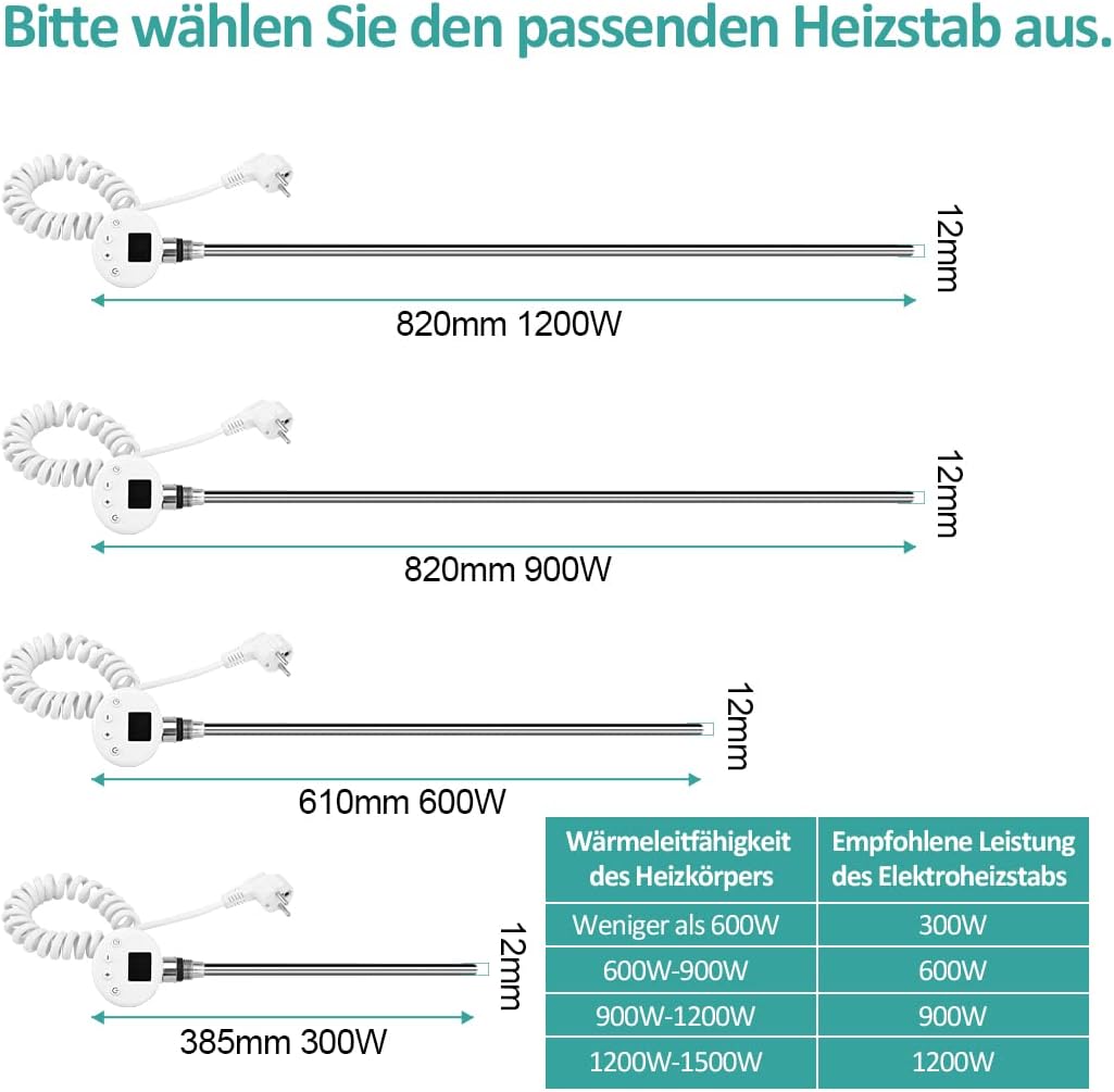EMKE Verwarmingselement met thermostaat en LCD-scherm 1200W, Verwarmingspatroon voor badkamerradiatoren, Verwarmingselement van roestvrij staal, Verwarmingselementen voor radiatoren
