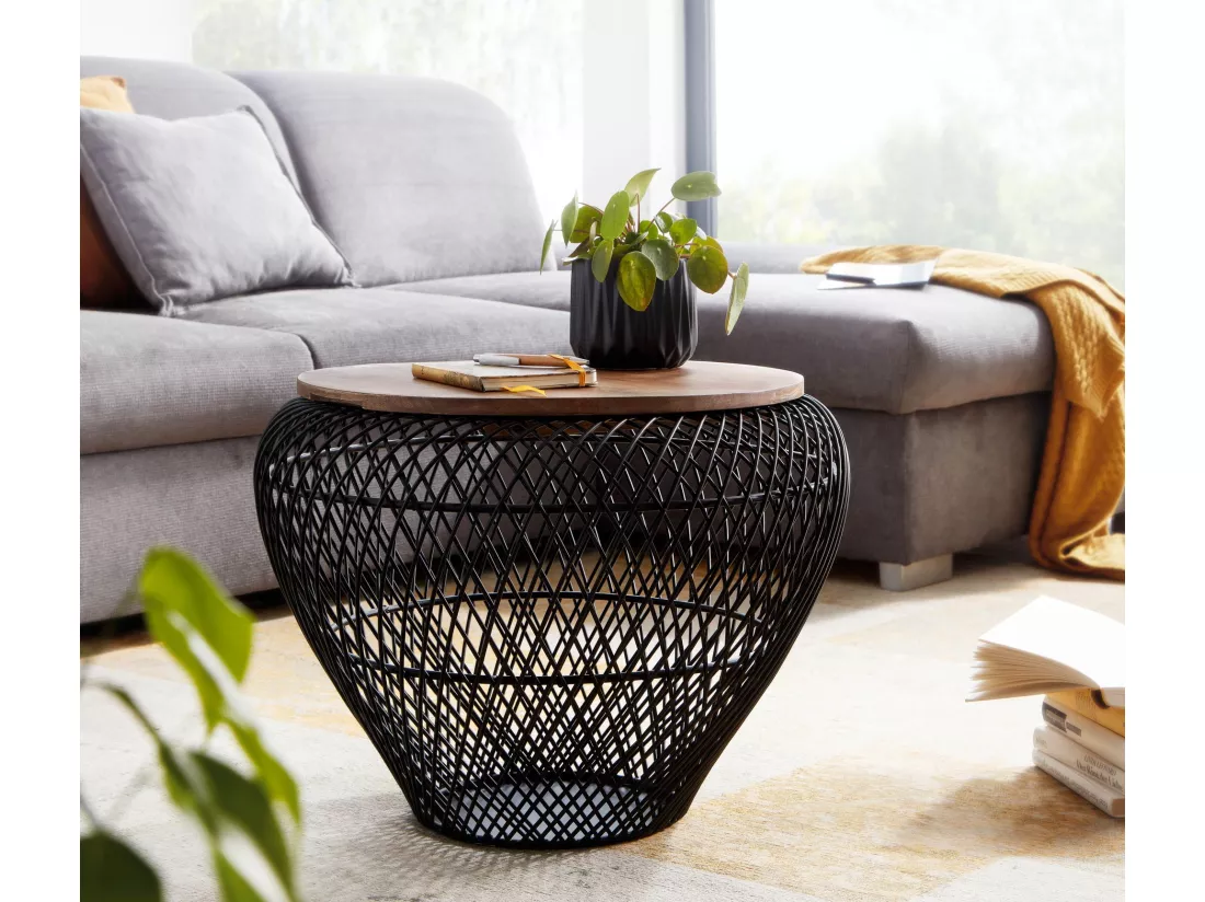 Table Basse de Salon Mangue Bois Massif et Métal 60x60x45 cm Ronde Noir | Petite Table de Canapé avec Rangement | Design Table d'appoint Style Moderne