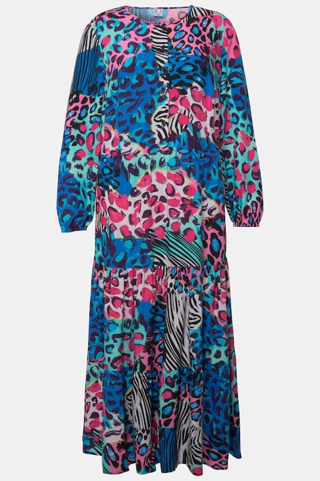 Maxikleid, farbiges Leo-Muster, Rundhals, Knopfleiste, Langarm