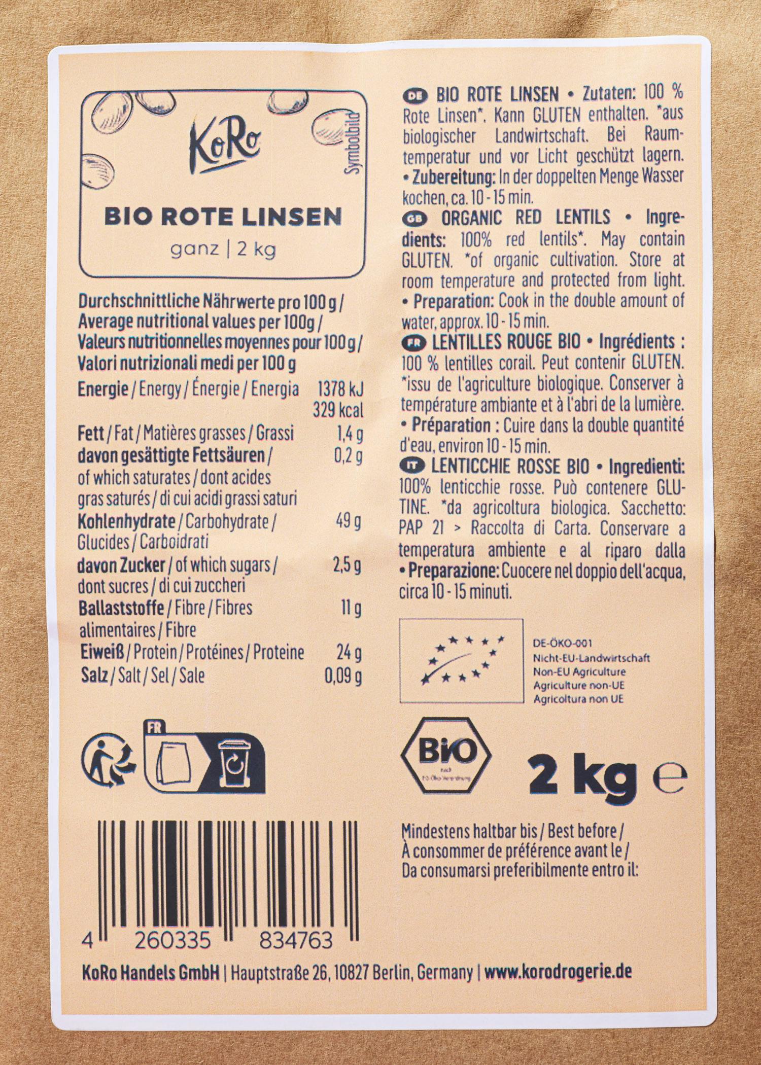 Rote Bio Linsen 2 kg