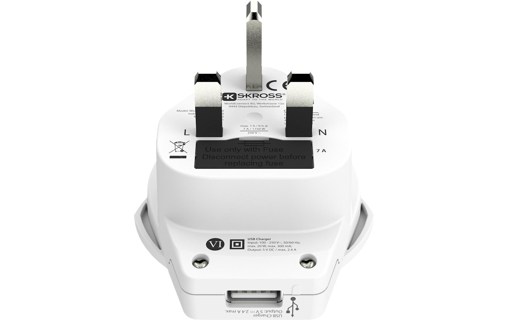 Reiseadapter World UK mit USB LadegerätKompakter Reisestecker World zu Grossbritannien mit USB Ladeanschluss
