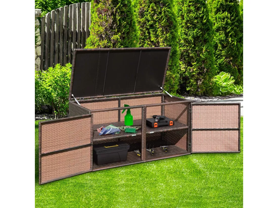 Coffre de Rangement Jardin 335L en Rotin et fibre naturelle PE, Charge Max. 120 kg, Cadre en Acier avec 2 Etagères 115 x 60 x 65 CM（Marron）
