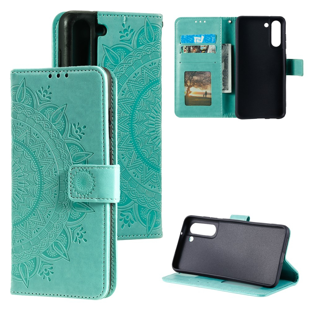 Samsung Galaxy S21 FE 5G Leder Tasche Wallet - Mandala Flowers Imprint - Türkis
