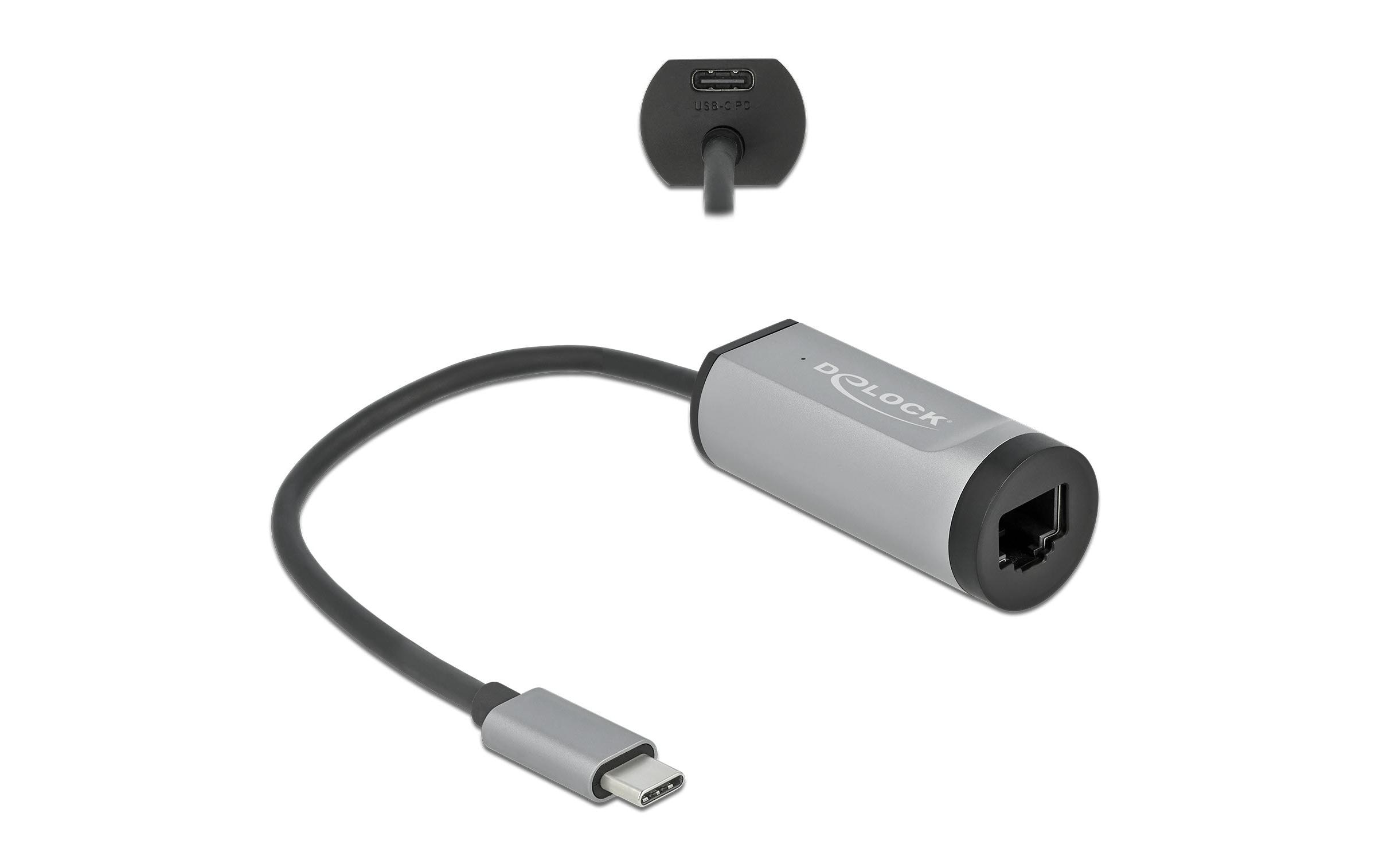 Netzwerk-Adapter Gigabit LAN mit Power Delivery USB Typ-CDelock USB Type-C Adapter zu Gigabit LAN mit Power Delivery Anschluss grau