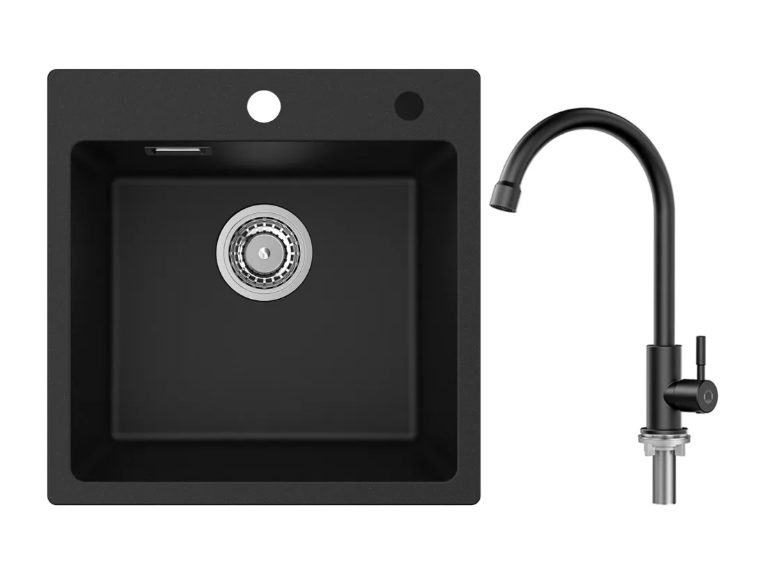 Cecipa MAX Evier 1 Bac en Quartz et Résine Noir 45x45cm Evier à Encastrer + Robinet de Cuisine à eau Froide,Noir