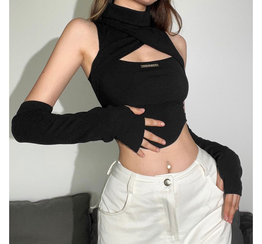 Sosana - Hoge hals, cut-out, effen, slim-fit crop top met mouwen