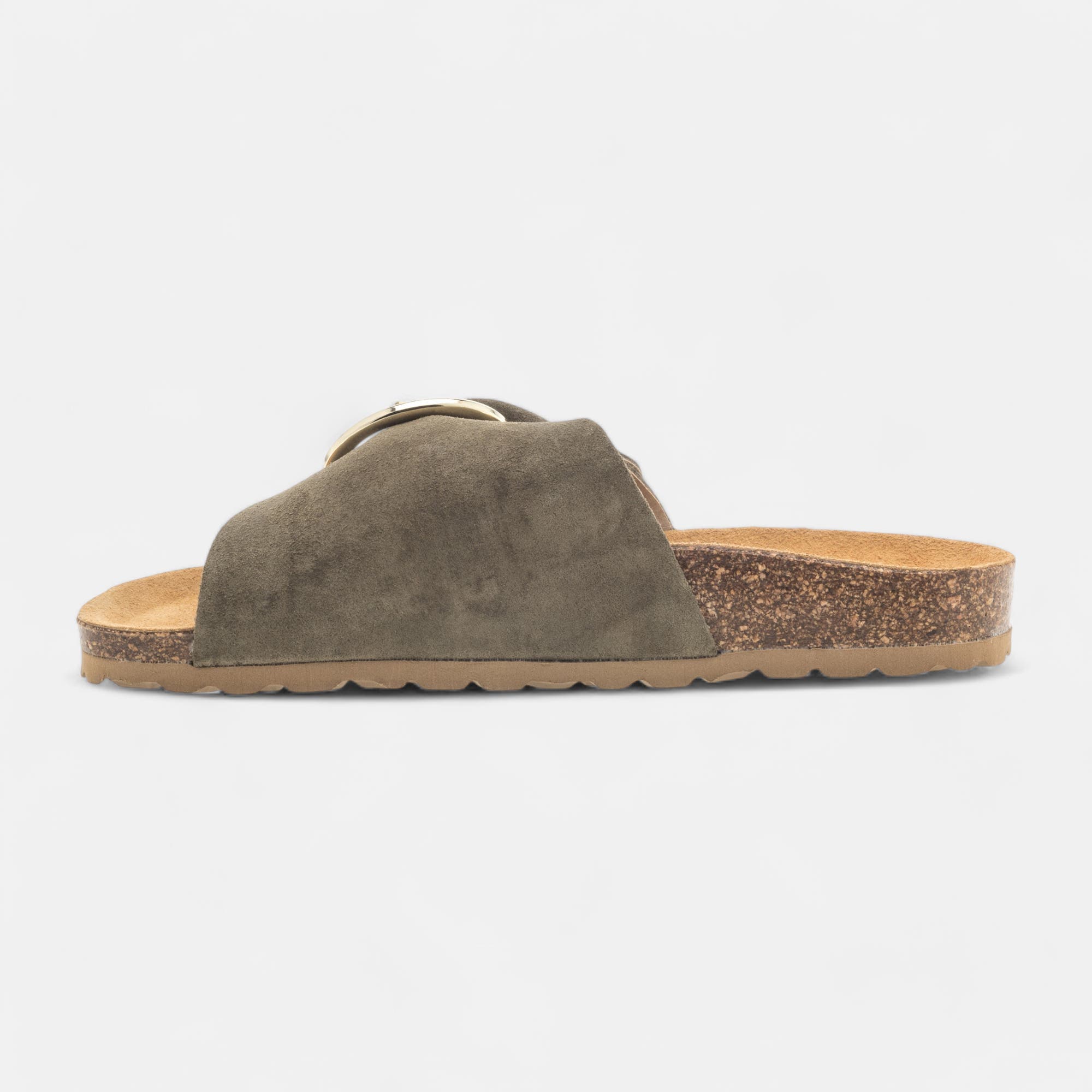 Mules semelle liège Femme en cuir kaki
