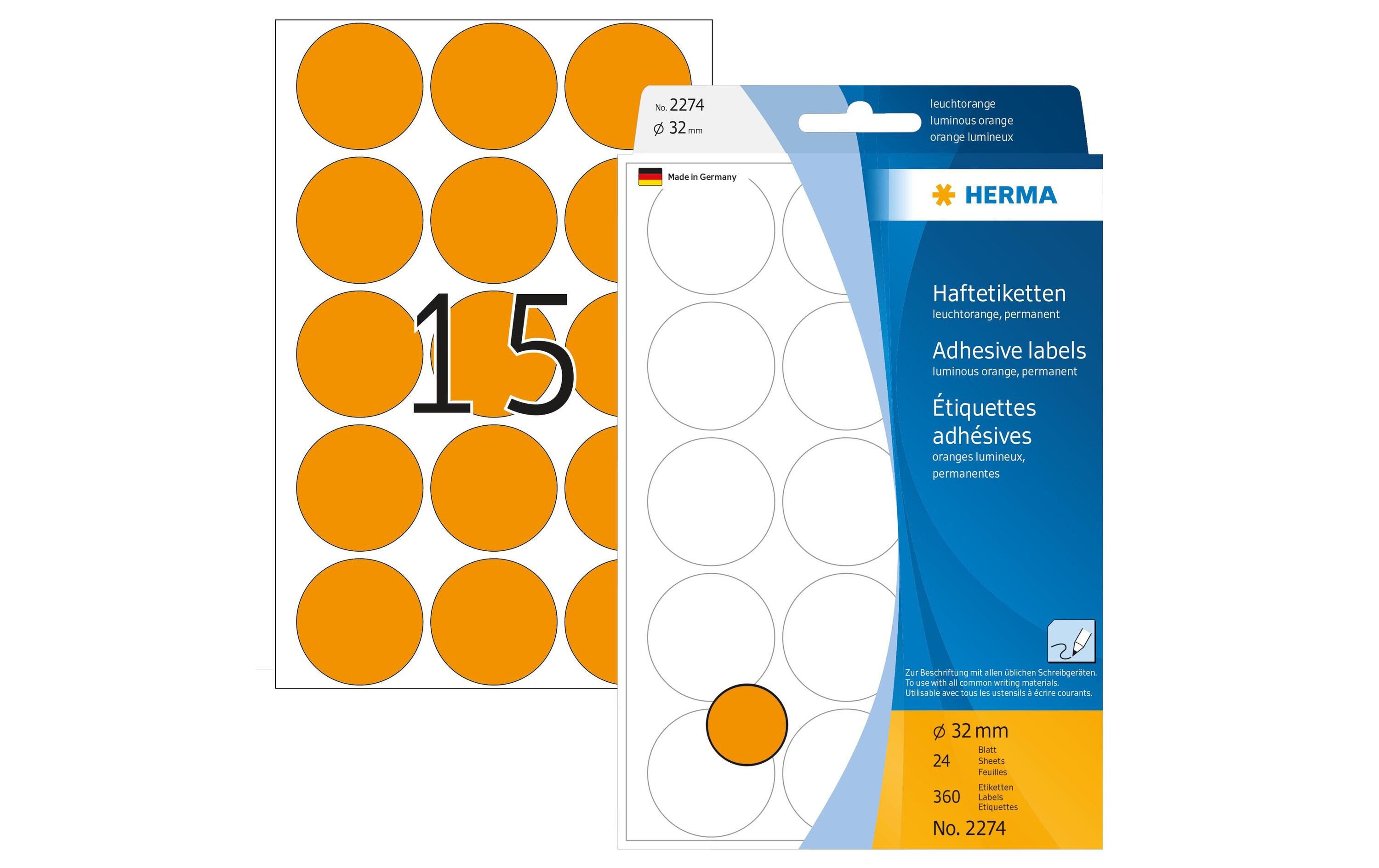 Vielzweck-Etiketten 2274 Leuchtorange Ø 32 mm, 24 BlattSelbstklebende Markierungspunkte