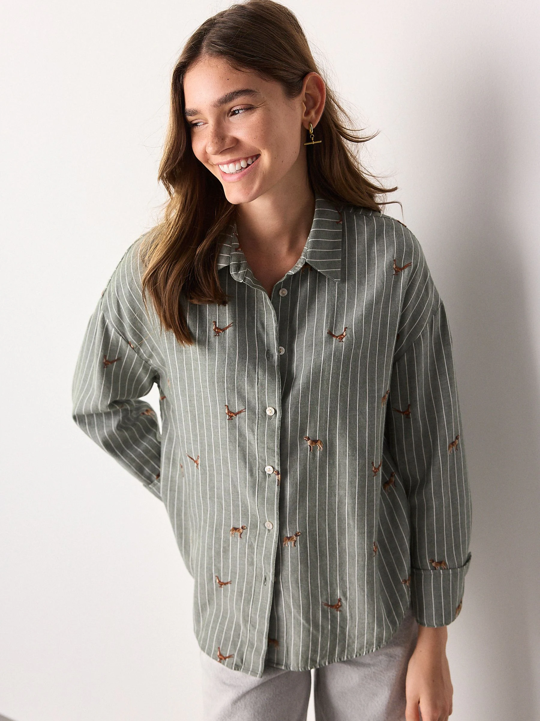 Groen/wit gestreept - Conversational Embroidered Long Sleeve Shirt
