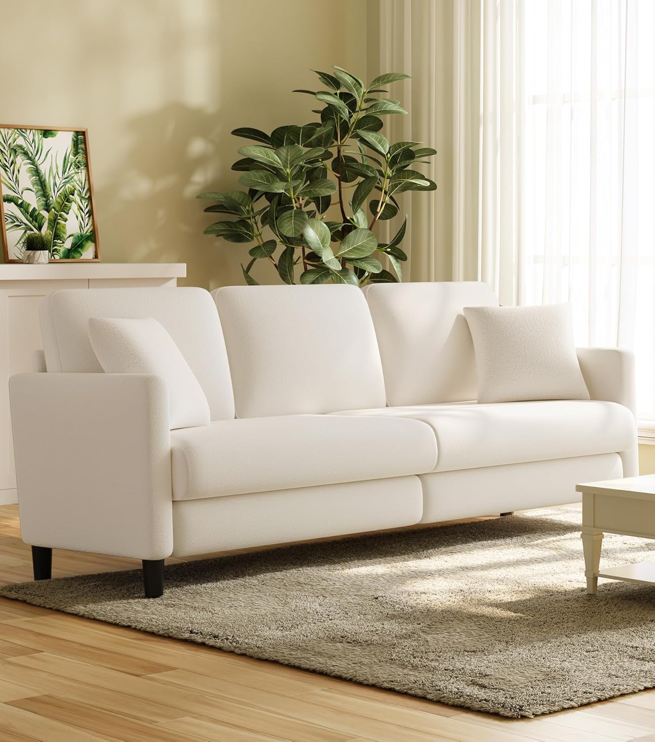211cm Sofa 3 Sitzer, Bequeme 3 Sitzer Sofas, Teddy Fleece Sofa Couch, Werkzeugfreier Aufbau Couches für Wohnzimmer, Ganzholz 3er Sitzsofa, Kleine Couch 2 Kissen inklusive, Beige