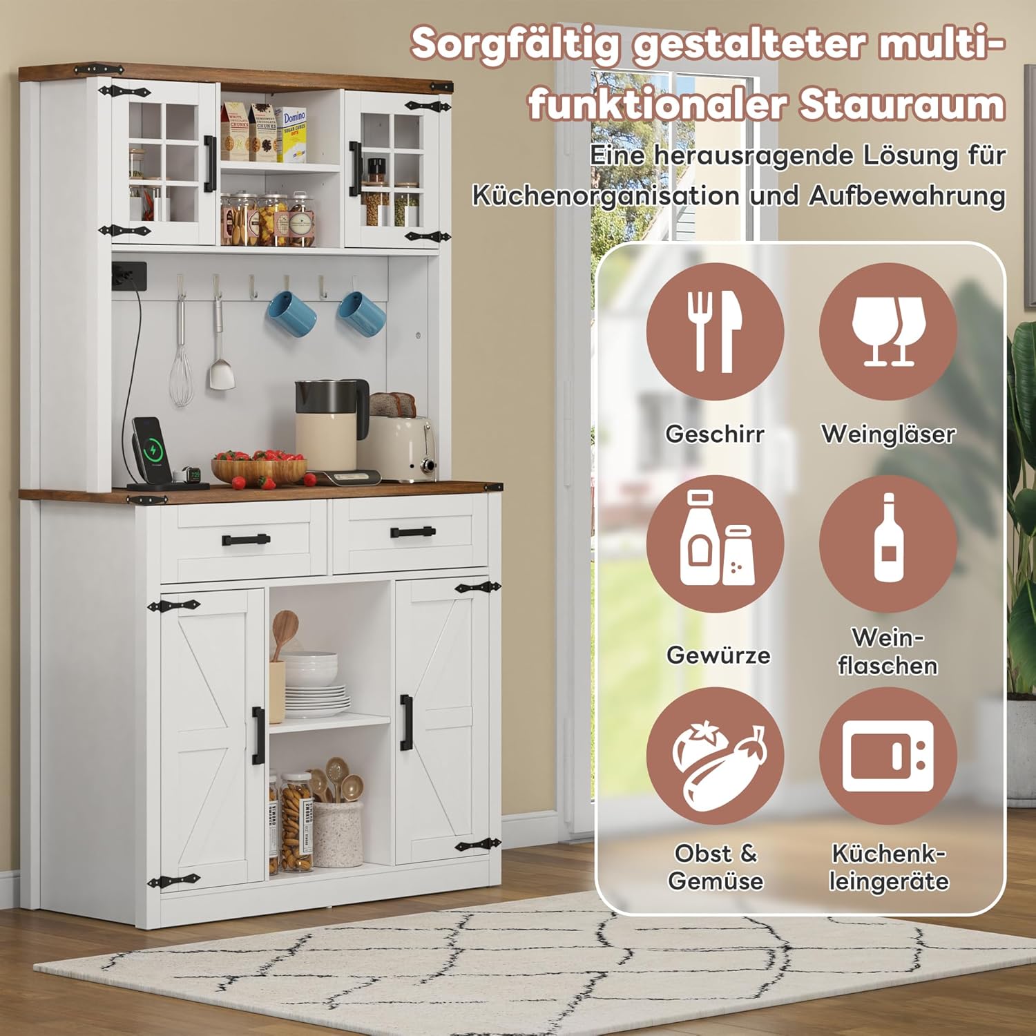 Merax Küchenschrank Buffetschrank, Hochschrank mit LED-Beleuchtung und Steckdosen, Küchenbuffet mit Arbeitsplatte und 2 Schubladen, rustikaler Kaffeebar-Sideboard-Tisch, Weiß, 100x40x172 cm