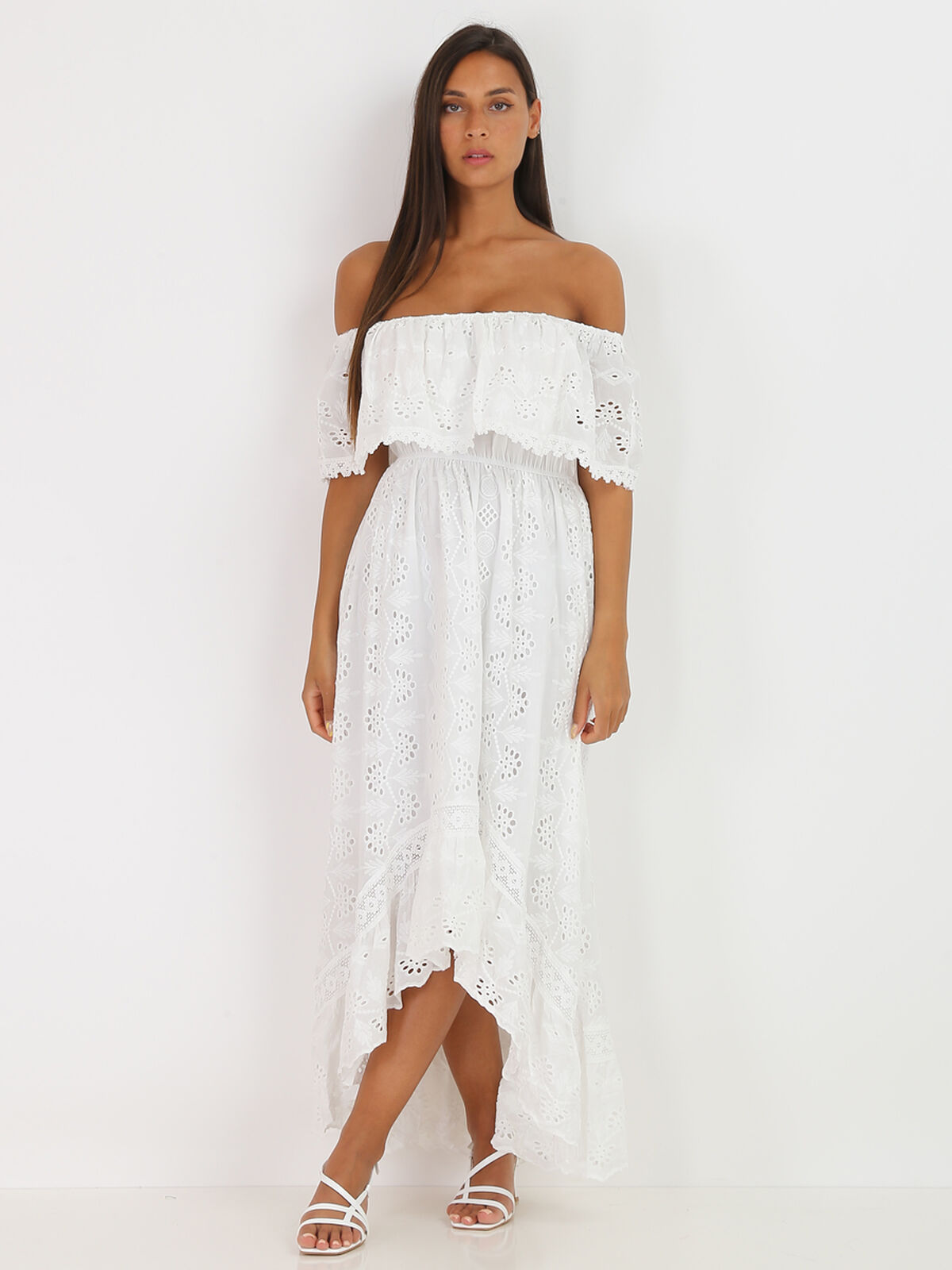 Robe asymétrique à col bardot- Blanc