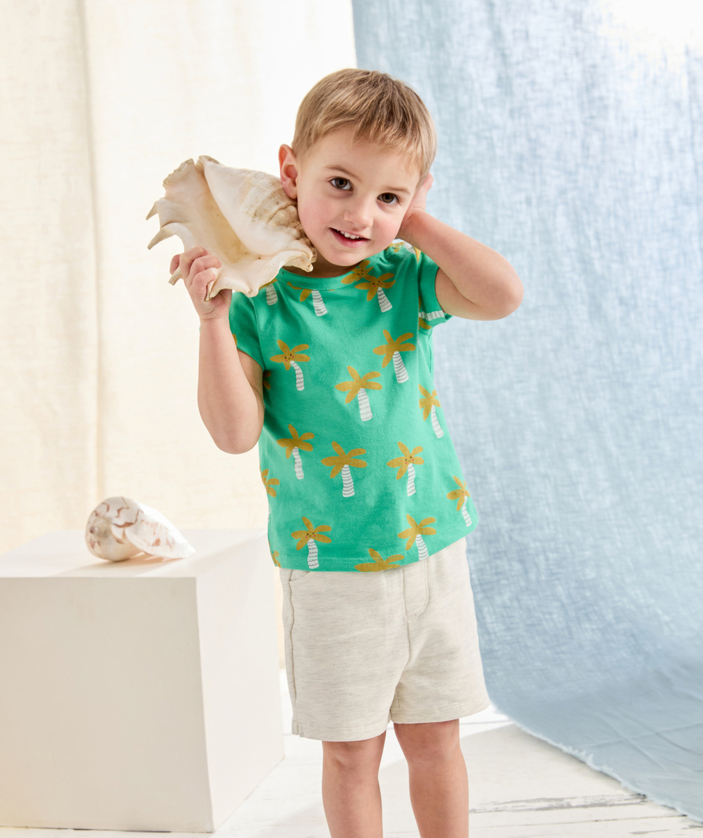 t-shirt manches courtes bébé garçon en coton bio vert avec imprimé palmiers