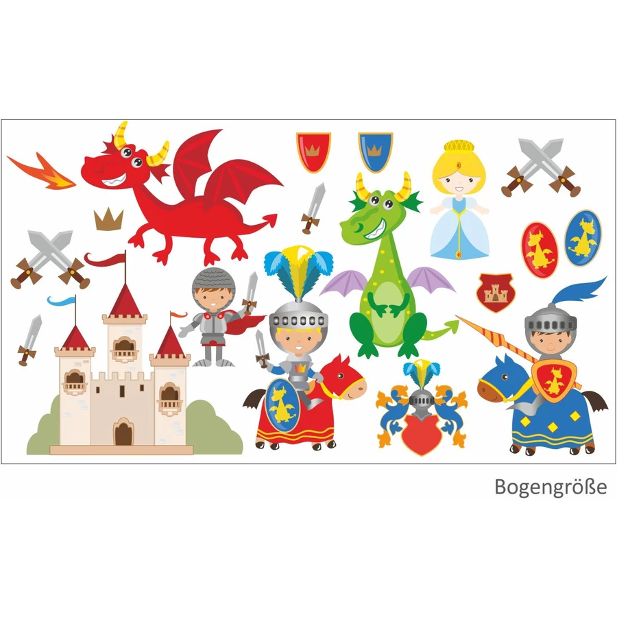 Nikima Wandtattoo 008 Wandtattoo Ritter mit Drachen Burg Prinzessin Schwert Pferde Wappen bunt