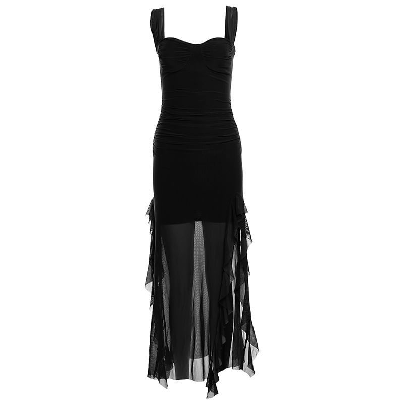 Sosana - Mouwloze vierkante hals, effen geplooide mesh midi-jurk met split