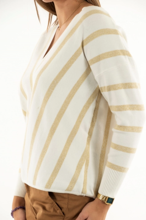 Pull hiver only new aya medium grey melange w cloud dancer stripes and gol