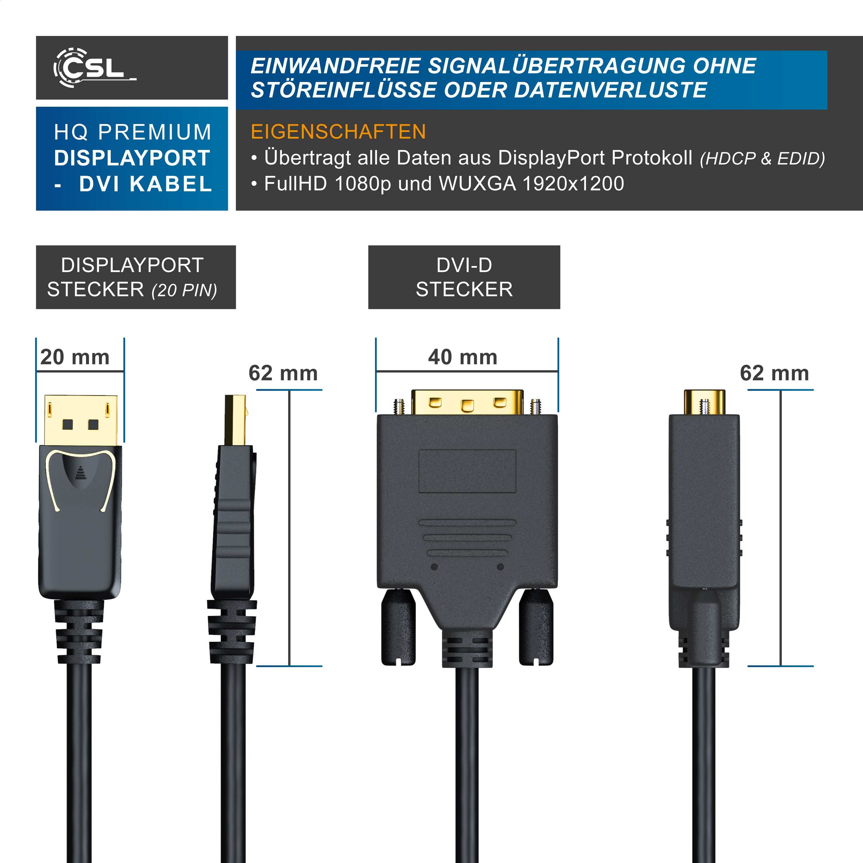 CSL DisplayPort Video-Kabel, 20 Pins, DVI-D, Monitorkabel, HDCP und EDID Zertifiziert, FHD Ausflösung - 2m