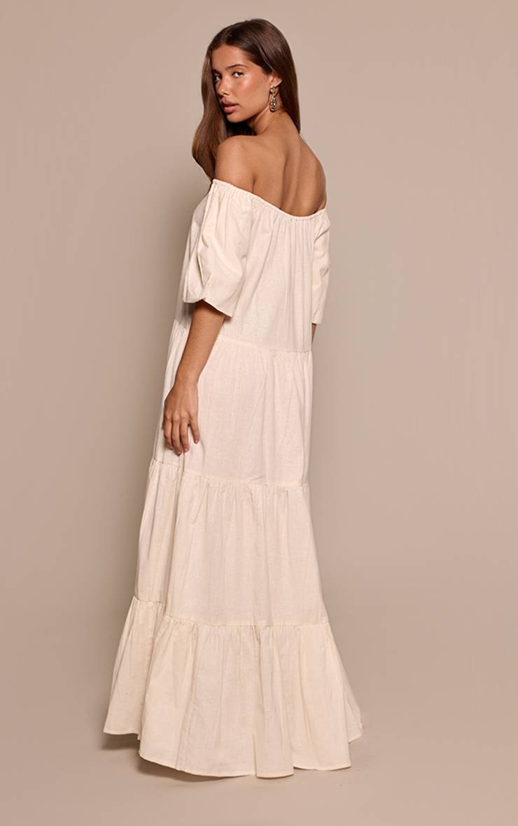 Crème Robe Longue Évasée À Épaules Dénudées Effet Lin