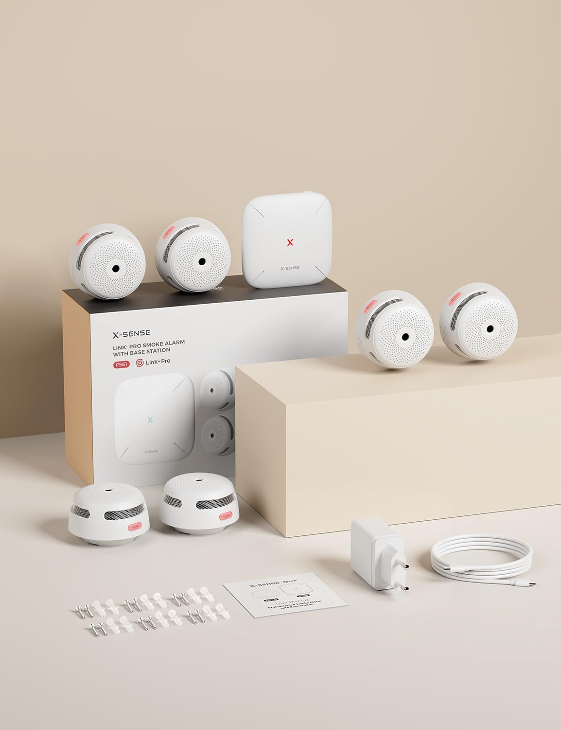 X-Sense Smart Rauchmelder XS01-M mit SBS50 Basisstation, Zertifiziert nach EN 14604, vernetzbare Funkrauchmelder mit WLAN, kompatibel mit der X-Sense Home Security App, weiß, FS61, 6 Stück