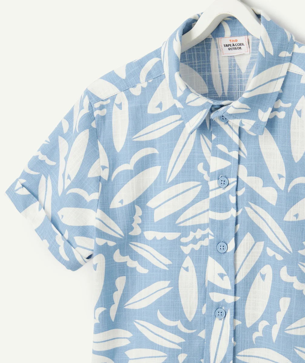 chemise manches courtes garçon en coton bio effet lin imprimé surfs