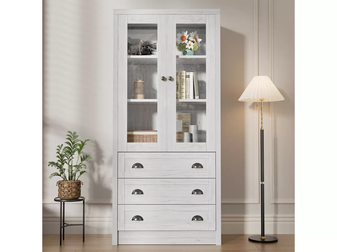 Armoire haute moderne 80x34x171 cm - avec 2 portes vitrées - 3 tiroirs - blanc