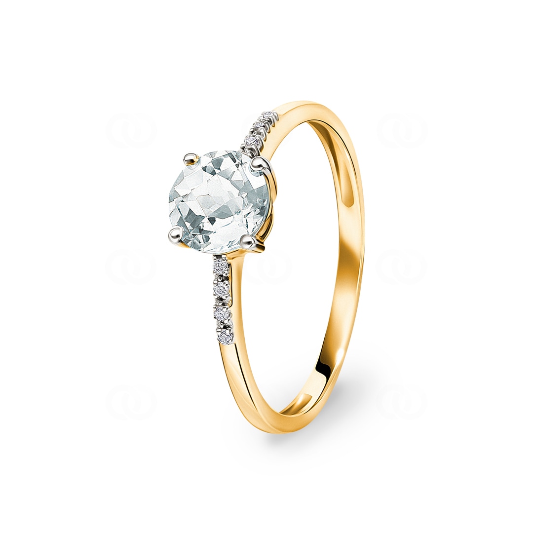 Damenring 750/18 K Gelbgold mit grünem Amethyst rund und Diamanten 0.02 ct H/si