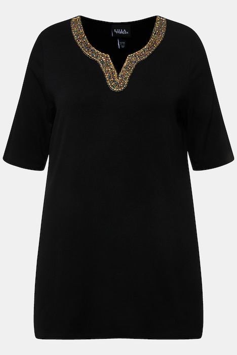 Shirt-Tunika, Stickerei, Tunika-Ausschnitt, Halbarm