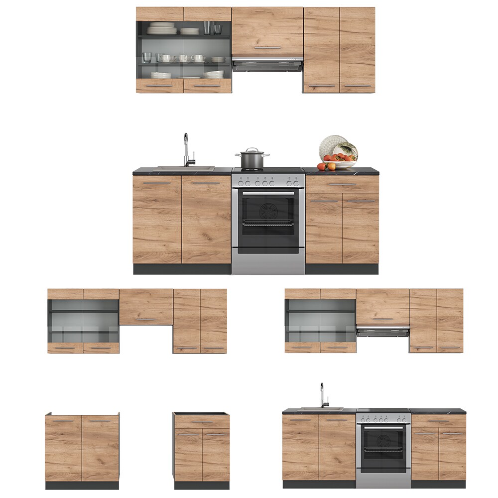 Vicco Küchenzeile Küchenblock Einbauküche Fame-Line Anthrazit Eiche 200 cm modern Küchen Schränke Schubunterschrank Spülenunterschrank Hängeschrank Hängeglasschrank