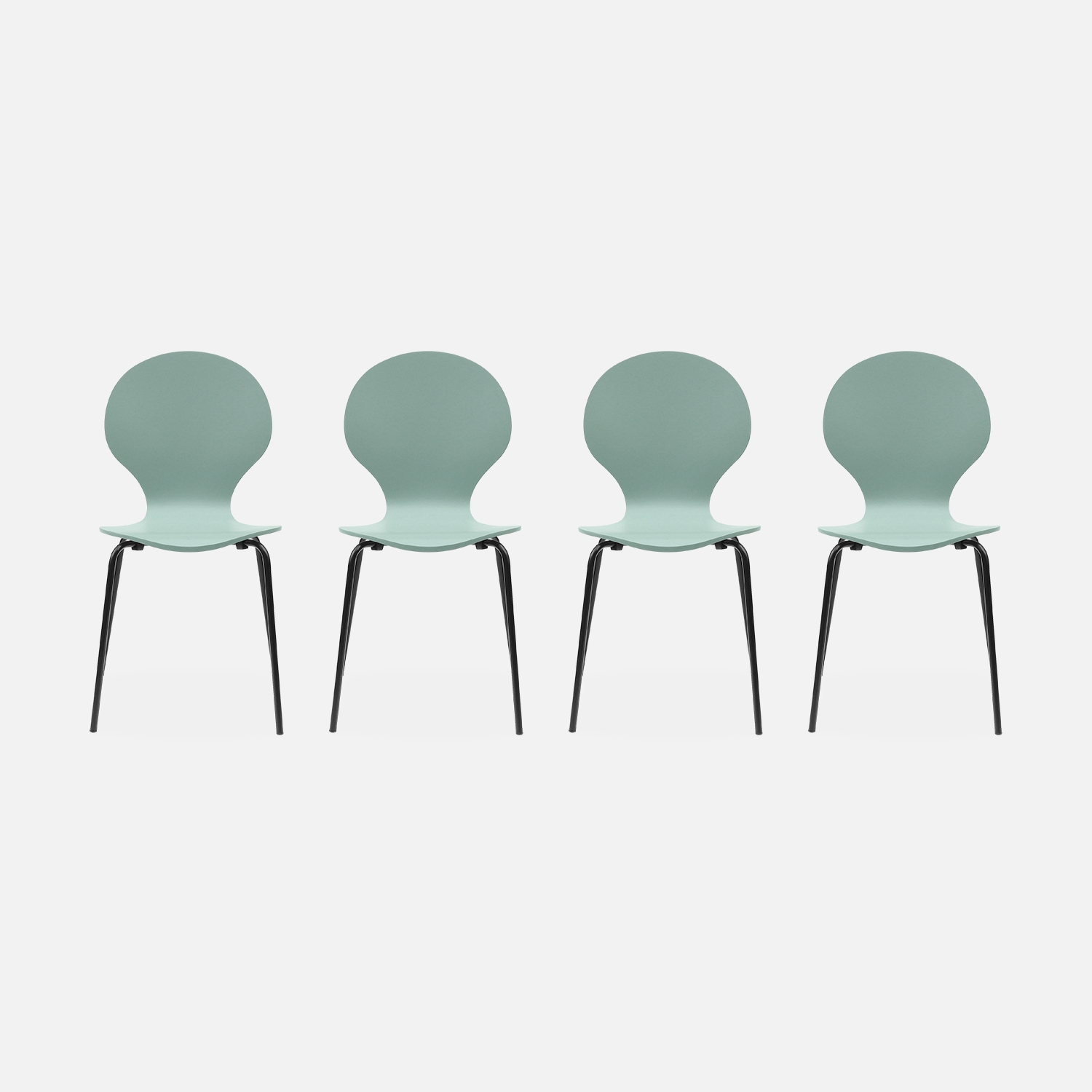 Lot de 4 chaises vert céladon. Rétro empilables. Bois d'hévéa et contreplaqué. Pieds en acier. Naomi. L 43 x p 48 x h 87cm