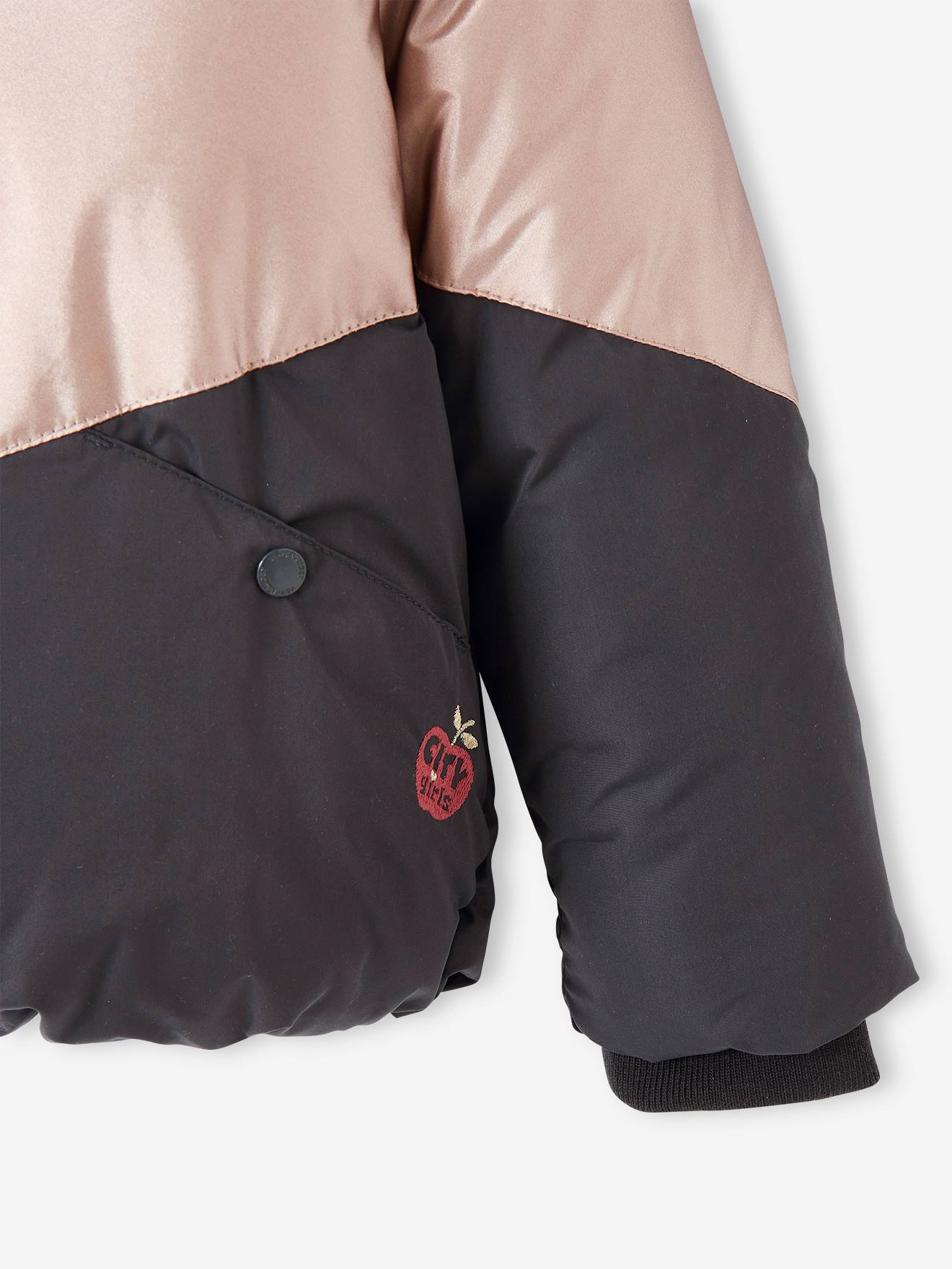 Jaqueta acolchoada colorblock com capuz e forro de lã, para meninas, rosa claro liso com estampas.