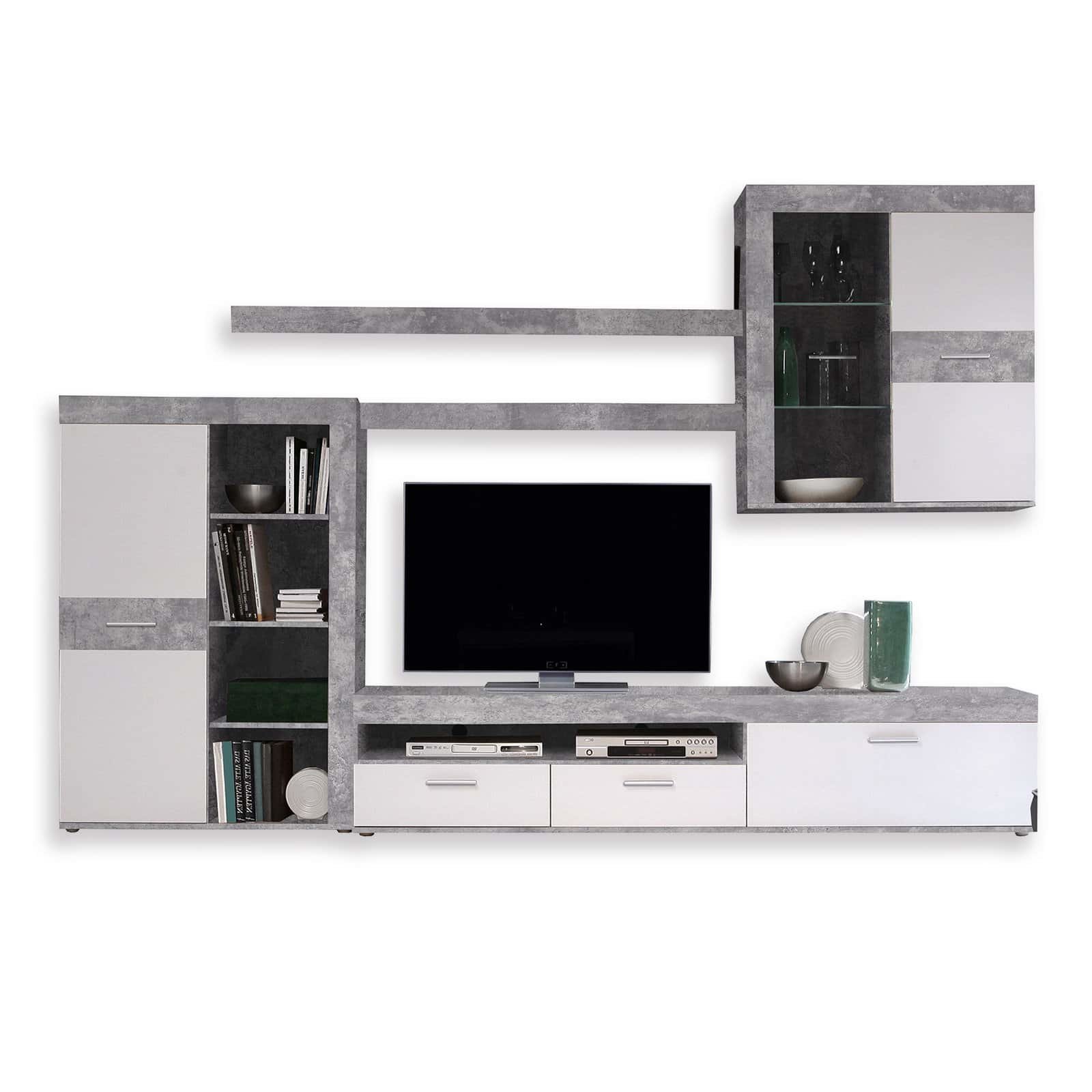 Wohnwand - Betonoptik-weiß - 300 cm - Vitrine