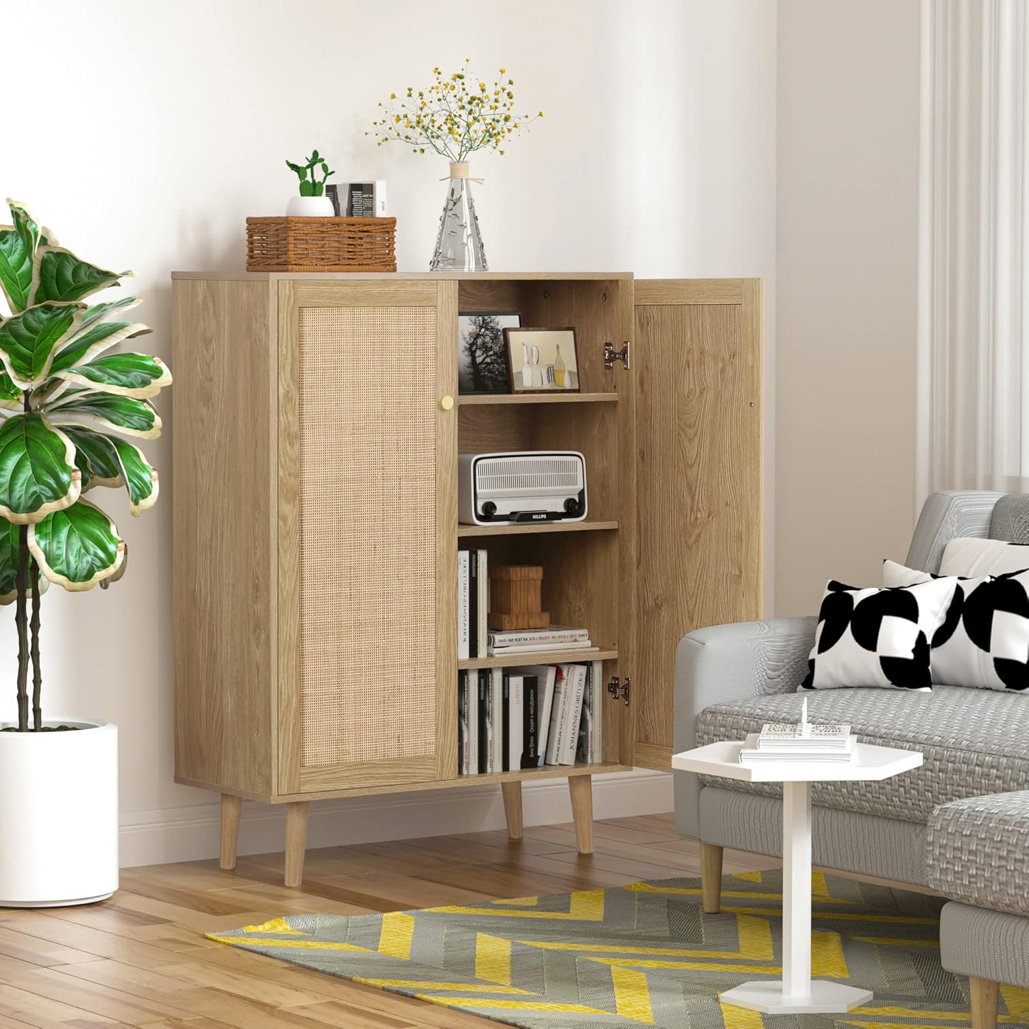 Natur Rattan Küchenschrank, Sideboard mit 2 Türen, Buffetschrank für Küche Aufbewahrungsschrank Möbel, Konsolentisch Kaffeebarschrank TV-Ständer für Wohnzimmer, Esszimmer, Flur