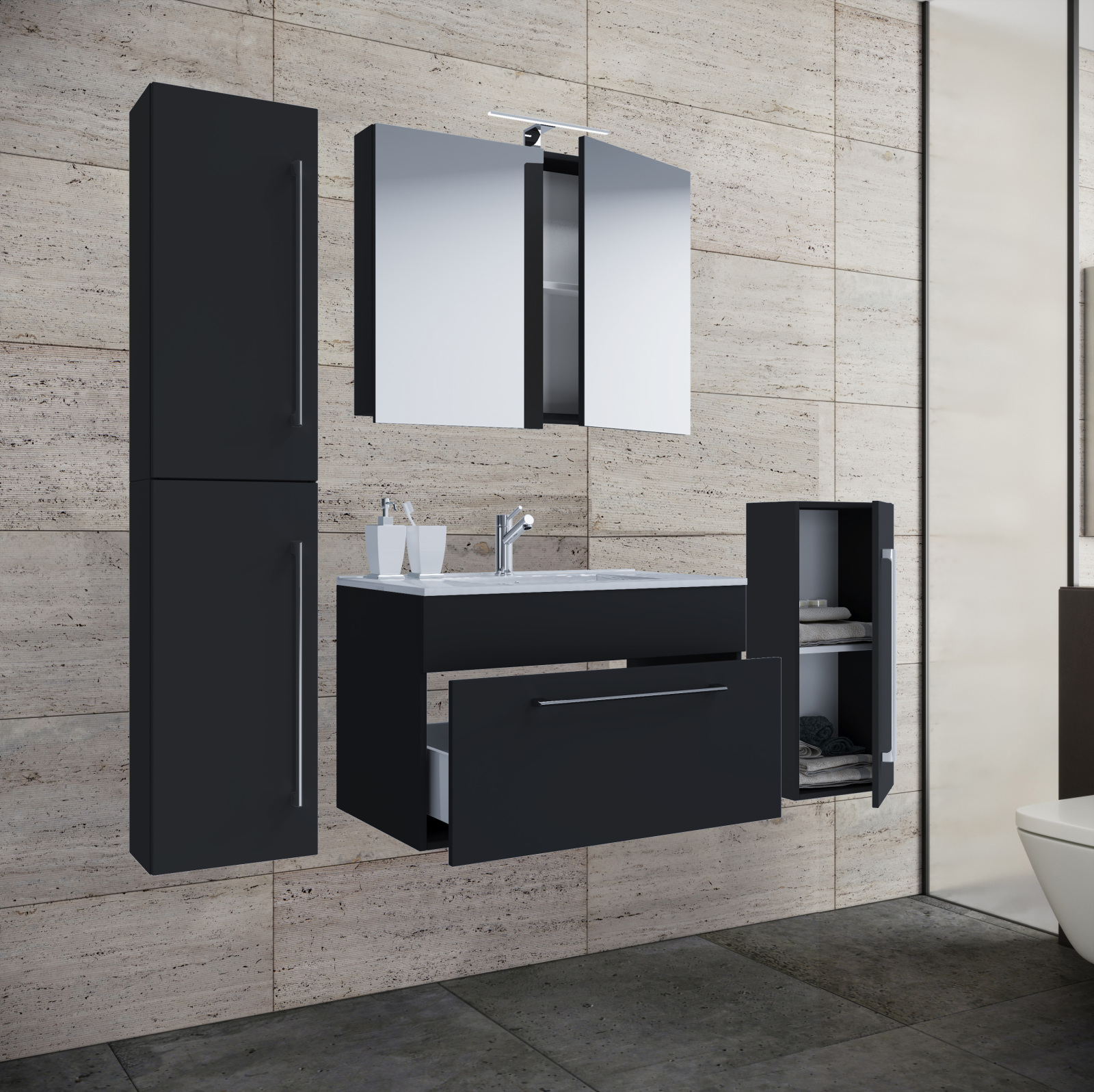 5-teiliges Badmöbel-Set BADINOS - schwarz - mit Spiegelschrank - 60 cm