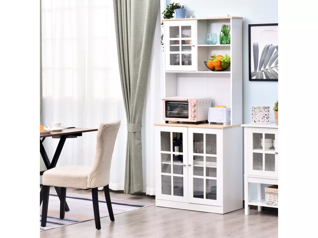 Armoire de cuisine multi-rangements 3 portes vitrine verre avec étagère 2 niches grand plateau MDF blanc chêne