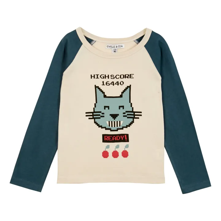 Emile et Ida T-Shirt Coton Bio Bicolore Chat | Ecru