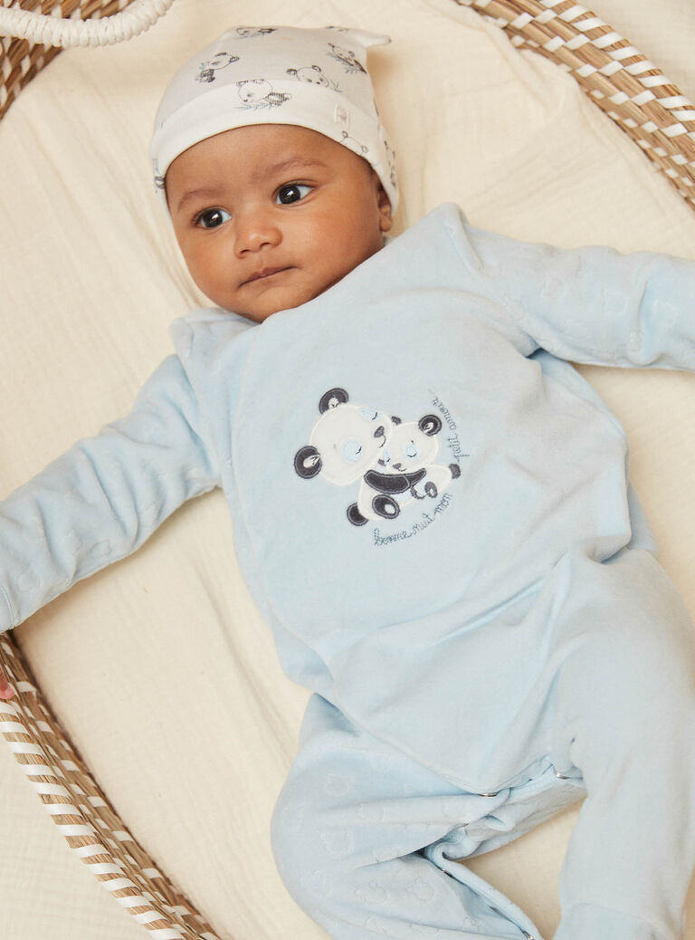 Grenouillère bleu glacier en velours en coton biologique et polyester recyclé