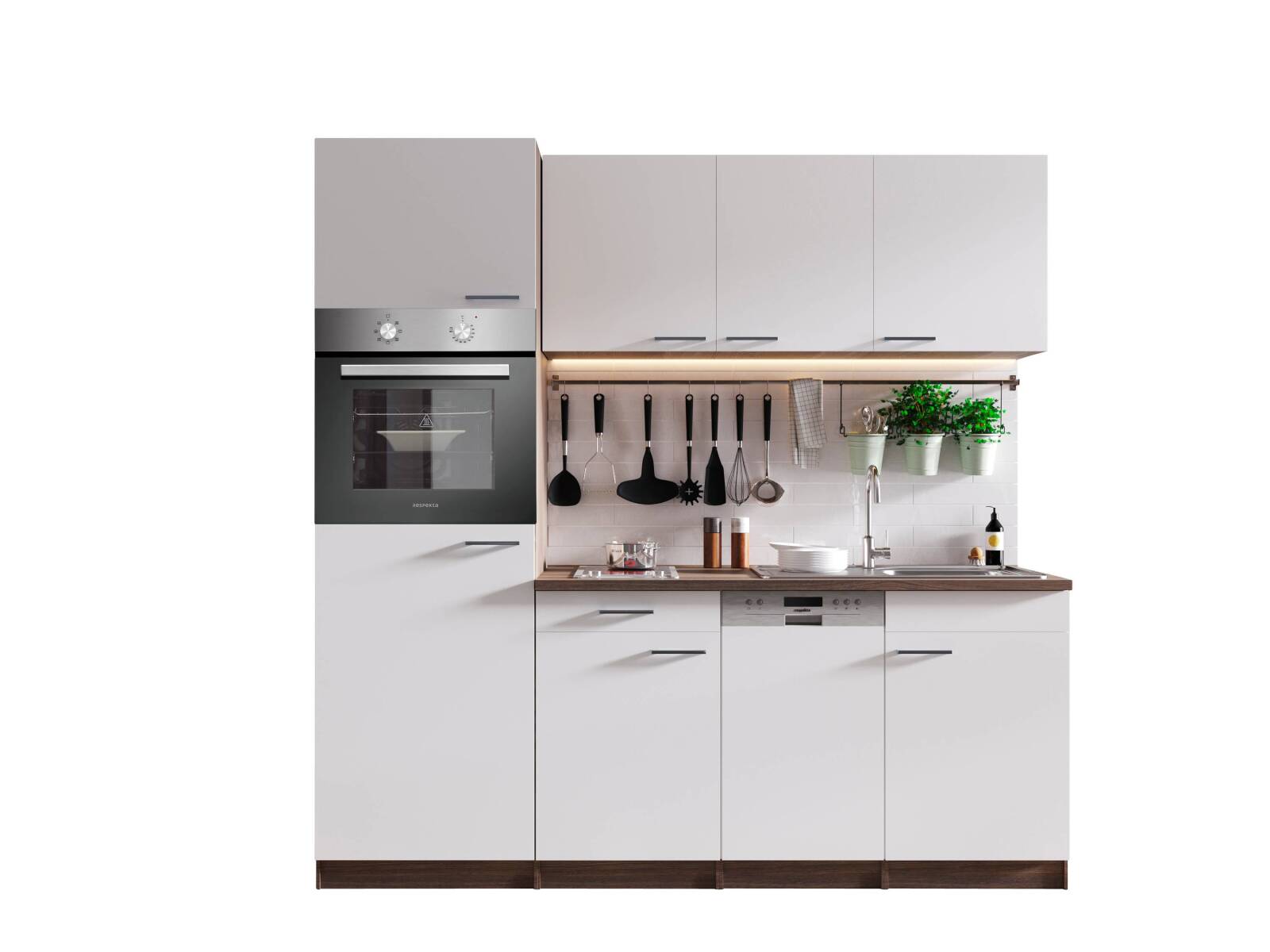 RESPEKTA Singleküche OLIVER - weiß - Eiche York - mit E-Geräten - 205 cm